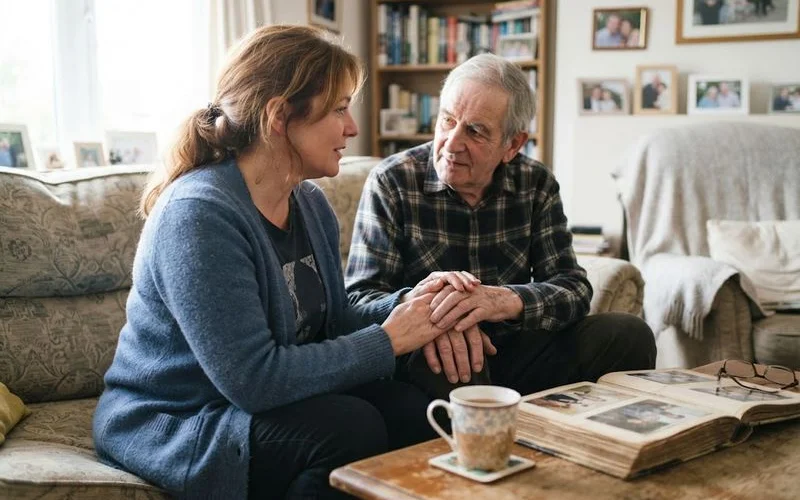 An adult child and an aging parent having a calm, seated conversation at home over coffee