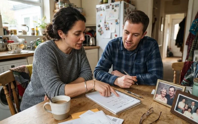 An adult child sitting with an aging parent at a kitchen table, having a gentle conversation about care needs