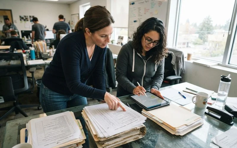 A senior editor reviewing printed facility comparison charts and a laptop showing a ranked directory of assisted living homes