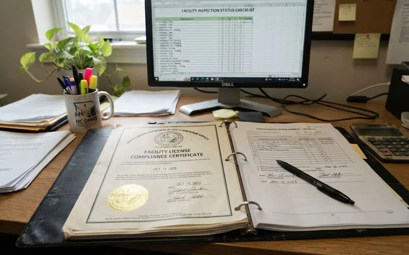 A close-up of official documents and a licensing certificate displayed at the front desk of an assisted living facility
