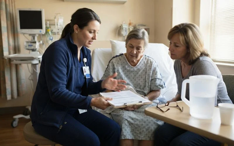 A discharge planner reviewing paperwork with a family at a hospital before a transition to assisted living