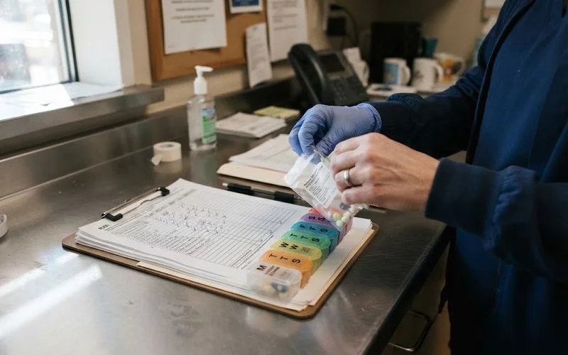 A trained caregiver reviewing a medication chart and organizing pills for a resident in an assisted living facility