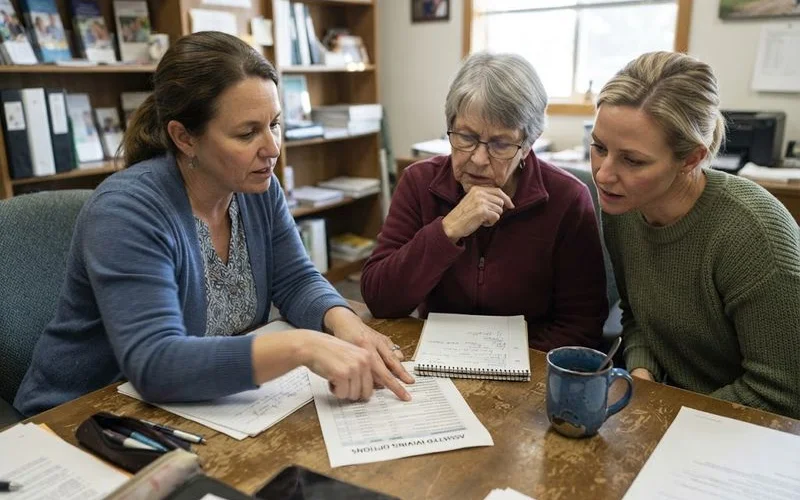 A family meeting with a senior living placement advisor, reviewing a list of facility options on a laptop