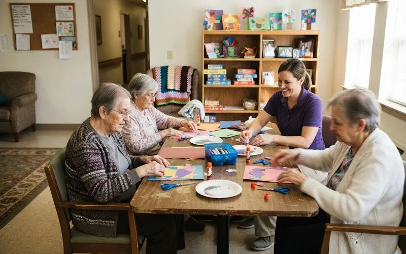 A caregiver helping a memory care resident with a structured activity in a secured, comfortable common area