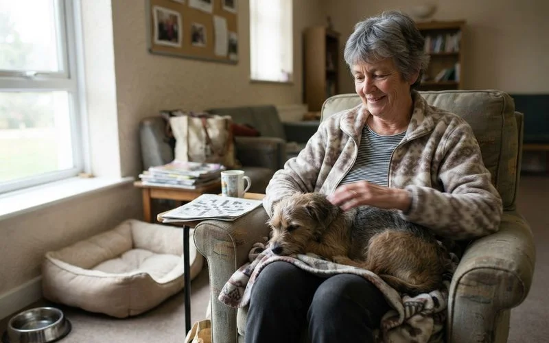 A senior resident sitting on a porch with a small dog on their lap at a pet-friendly assisted living community