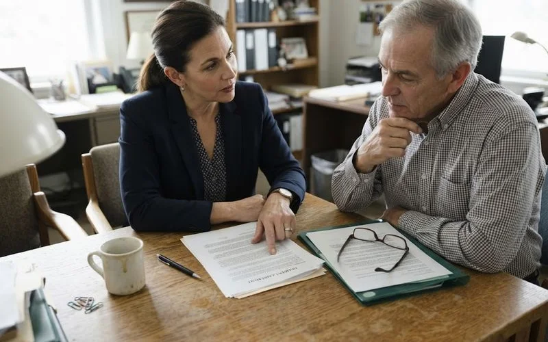 A family member and an elder law attorney reviewing a resident agreement document together at a desk