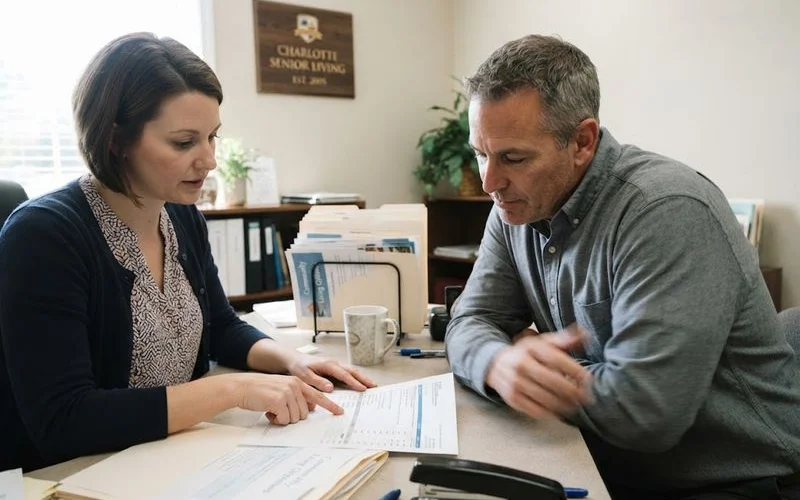 A financial advisor reviewing a cost breakdown chart with a family discussing assisted living pricing options