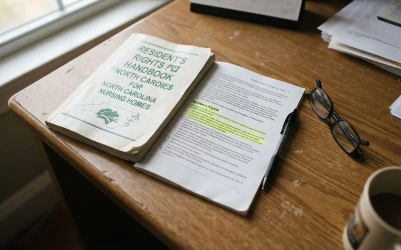A resident and a facility administrator reviewing a rights and care agreement document together at a table