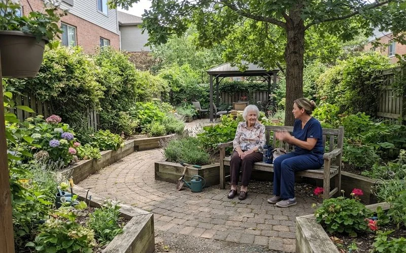 A secured memory care courtyard with a garden path and comfortable seating, showing an enclosed outdoor space designed for safe walking