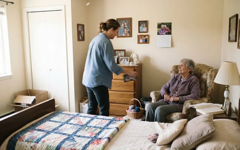 An adult child helping set up a familiar photo and a favorite chair in a new memory care resident's room