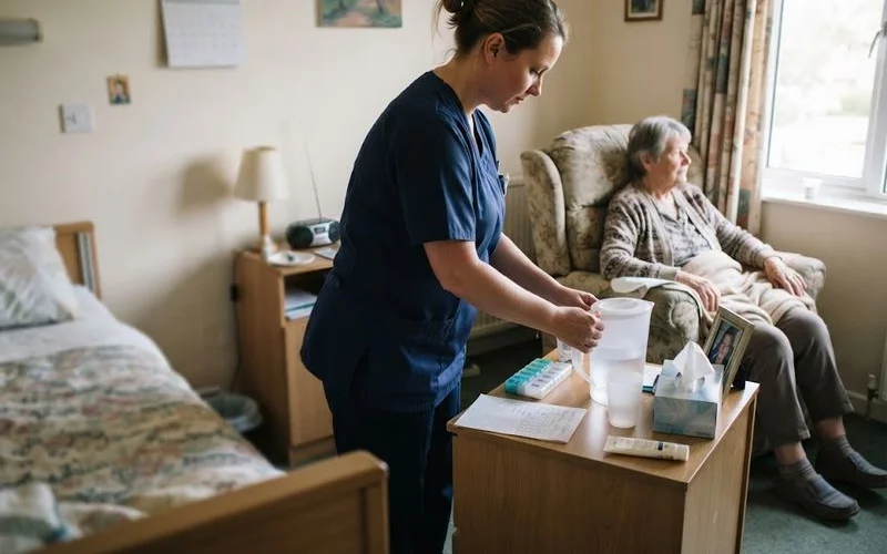 A caregiver helping an older adult settle into a comfortable respite care room after a hospital discharge