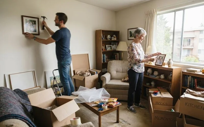 An older adult unpacking boxes with help from a family member in a new retirement community apartment