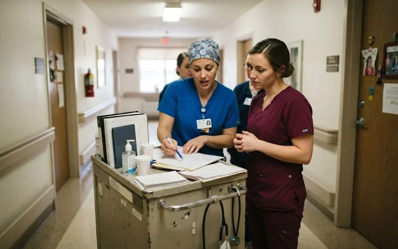 A nurse reviewing a medication chart with an elderly patient in a skilled nursing facility room
