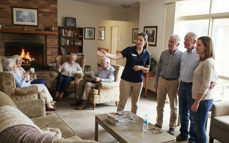 A family touring a bright, well-maintained common area in an assisted living facility with residents engaged in an activity