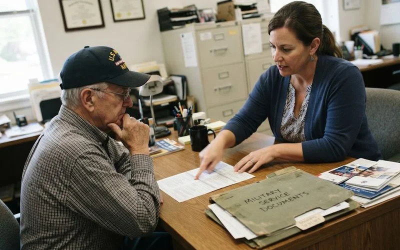 A veteran and a benefits counselor reviewing VA Aid and Attendance paperwork together at a desk